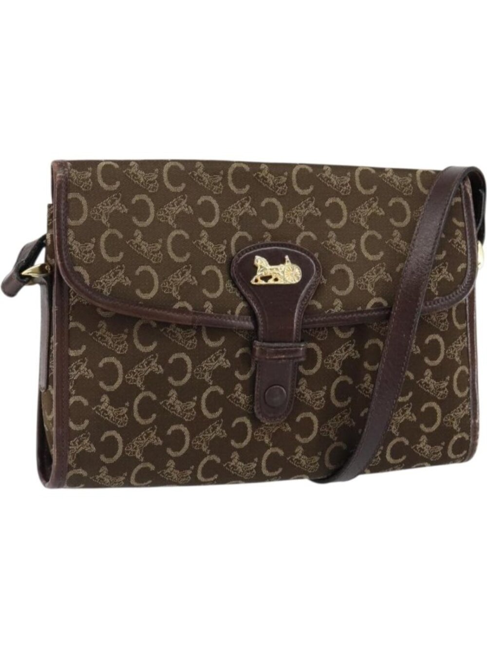 CELINE C Sulky Shoulder Bag Canvas Leather Brown Gold